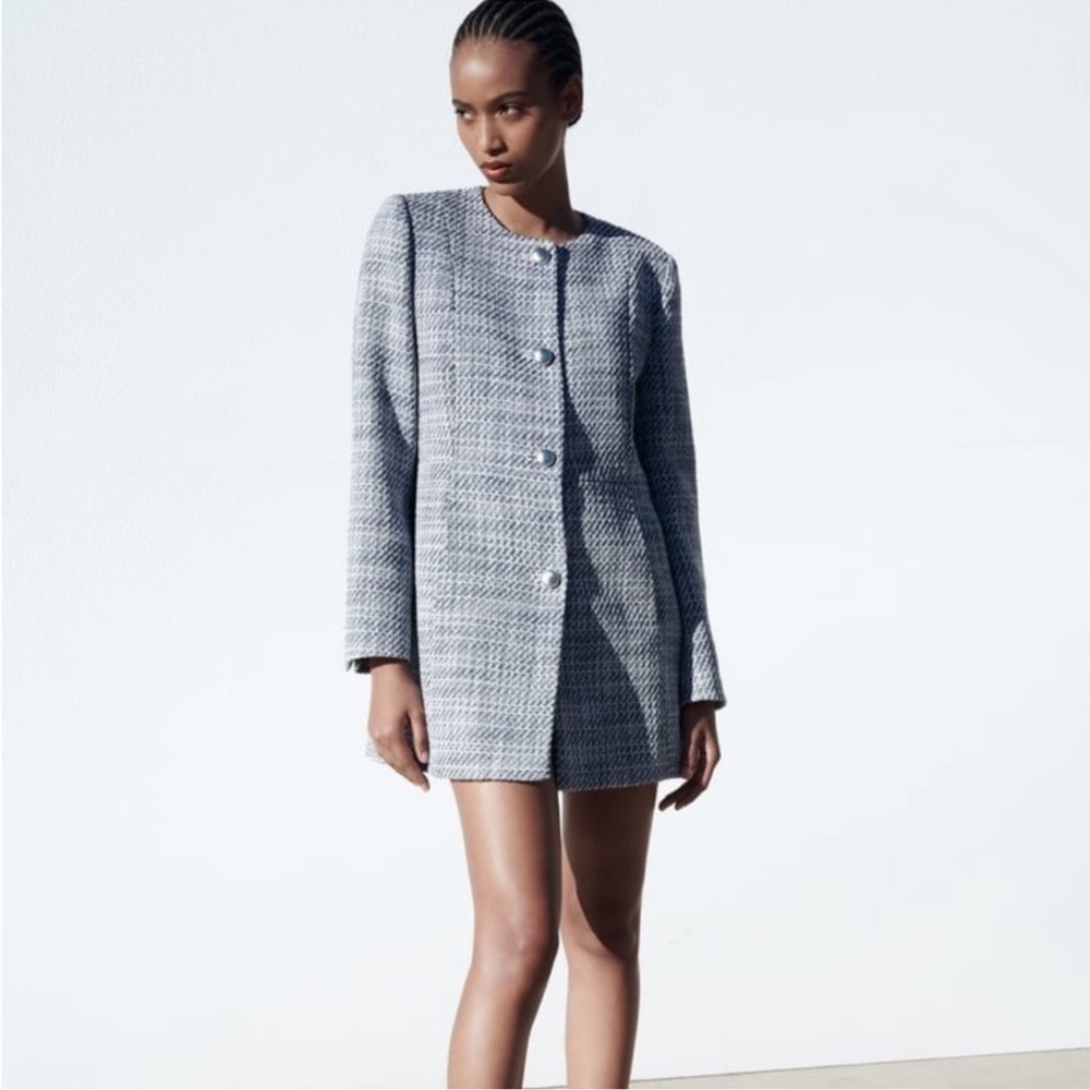 Zara NWT Blue Silver Long Structured Blazer Dress Size Small